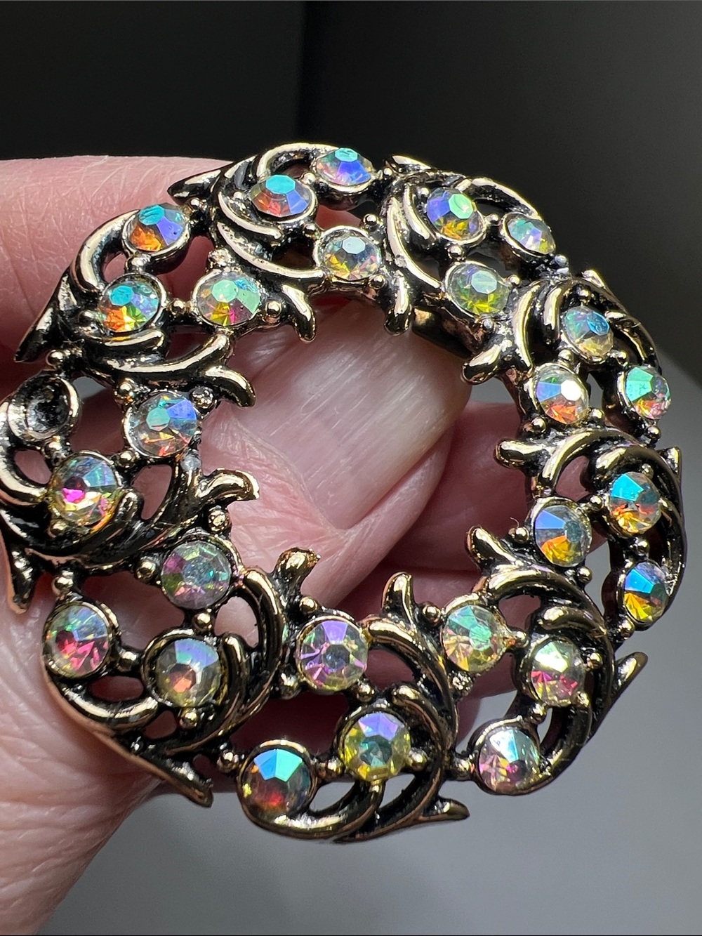Aurora Sparkling Crystal Gold-Tone Circular Brooch - Estate Vintage